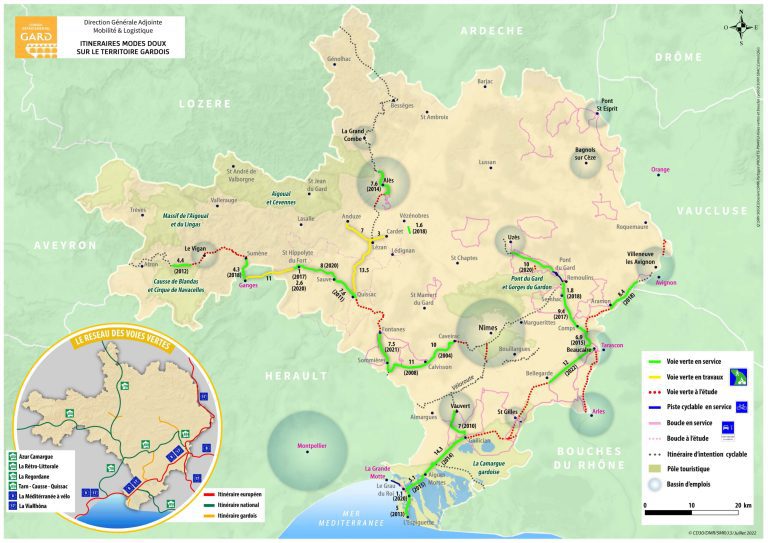 plan du réseau des voies vertes dans le Gard
