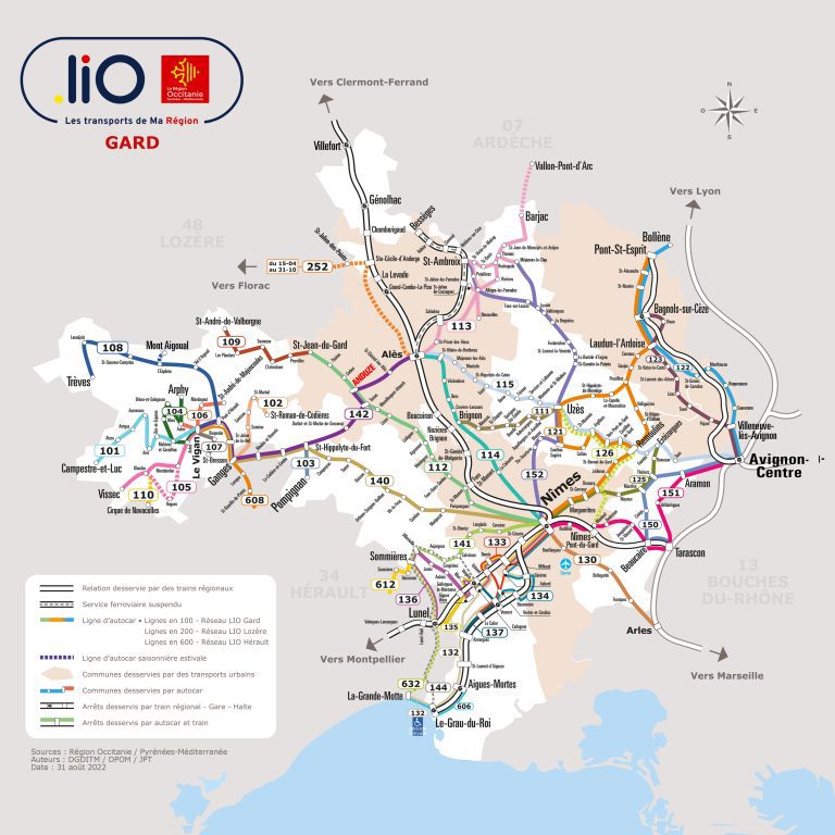 plan réseau TER et bus du Gard (liO : service des transport en Occitanie)