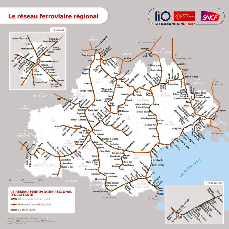 plan réseau TER Occitanie (liO : service des transport en Occitanie)